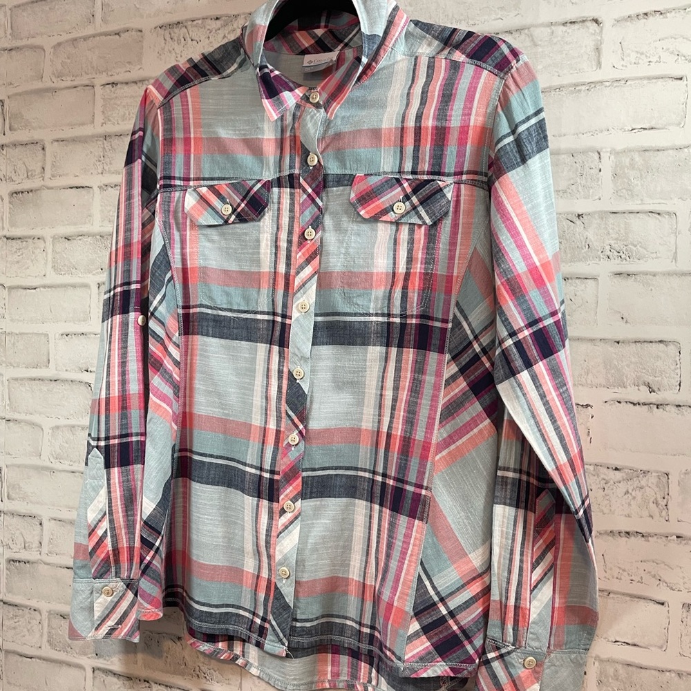 Columbia Plaid Button Down Cotton Shirt Size LARGE EUC  #A125
